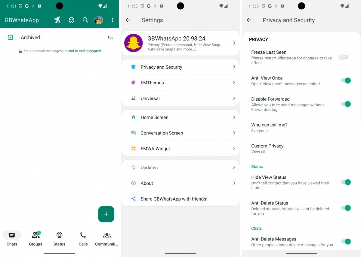 GBWhatsApp interface screenshots