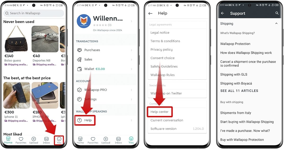 Contatta Wallapop dall'applicazione mobile