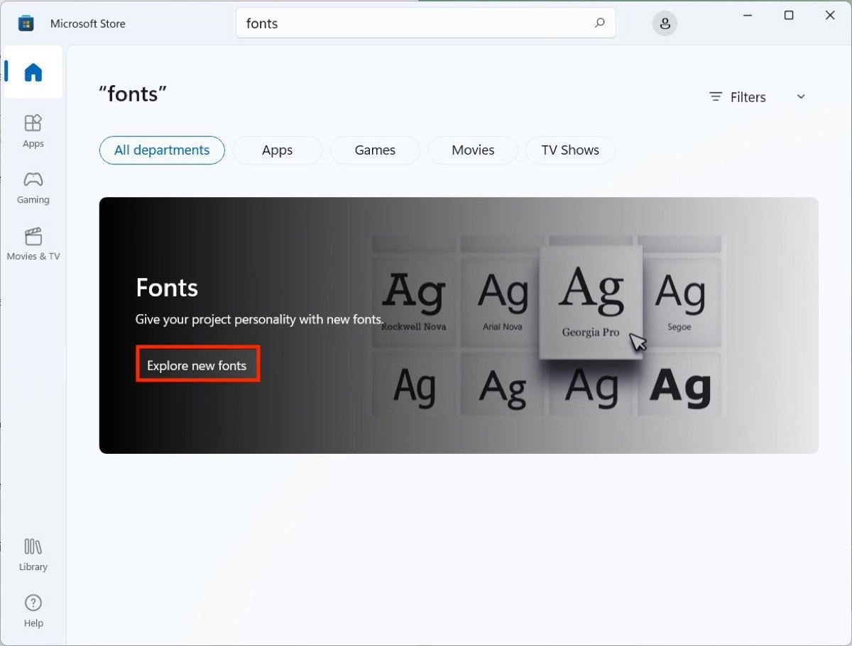 Zugriff auf den Bereich Schriftarten im Microsoft Store