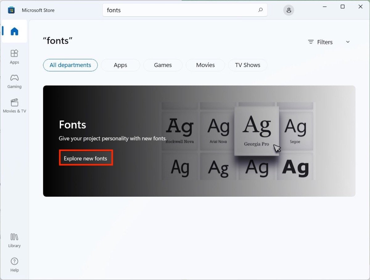 Accedi alla sezione di font del Microsoft Store