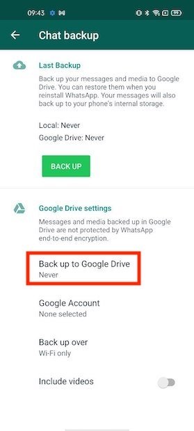 Opções do backup no Google Drive