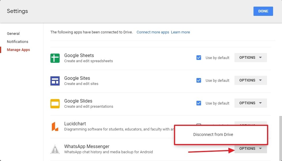 Opciones de configuración de WhatsApp de Google Drive