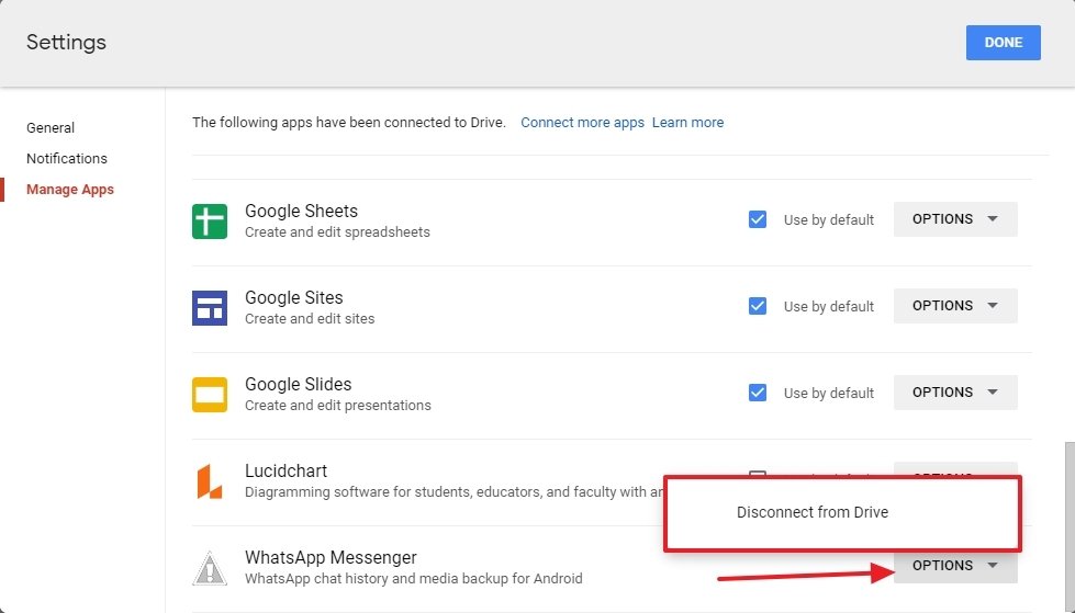 Google Drive’s WhatsApp configuration options