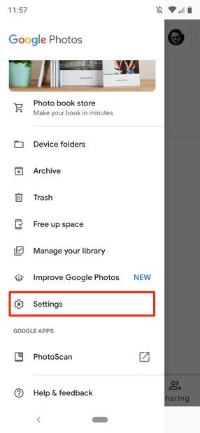 Google Photos menu