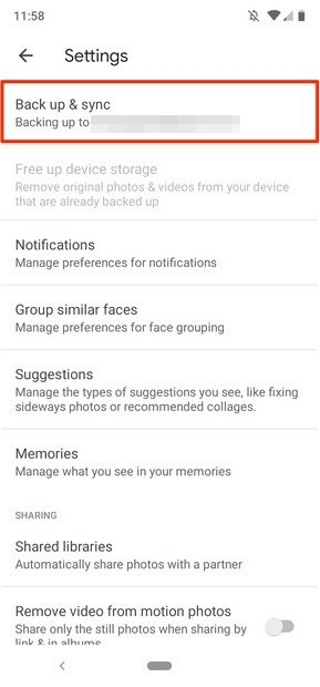 Google Photos settings