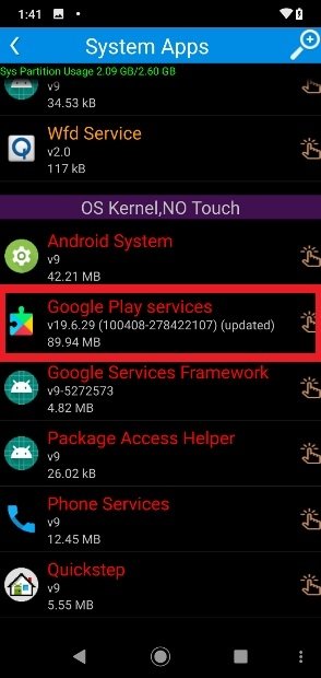 Сервисы Google Play в разделе OS Kernel списка