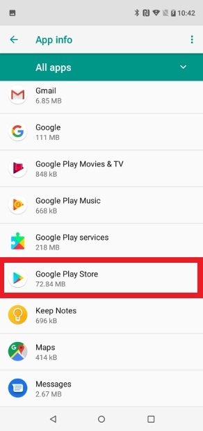 Google Play Store on the list of apps