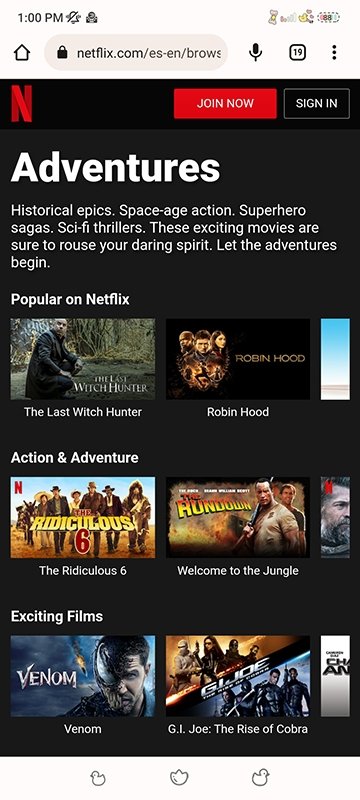 Sección oculta de aventuras de Netflix accesible desde el navegador web