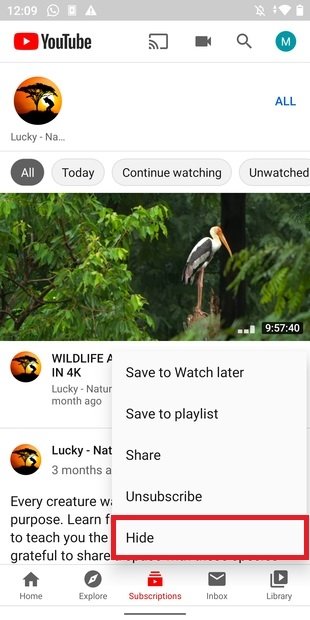 Ocultando un vídeo en el apartado de suscripciones