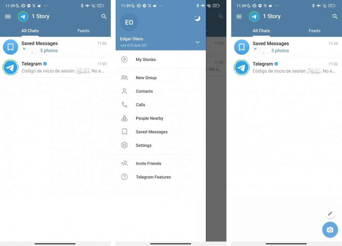 Écran principal et menu de Telegram sur Android