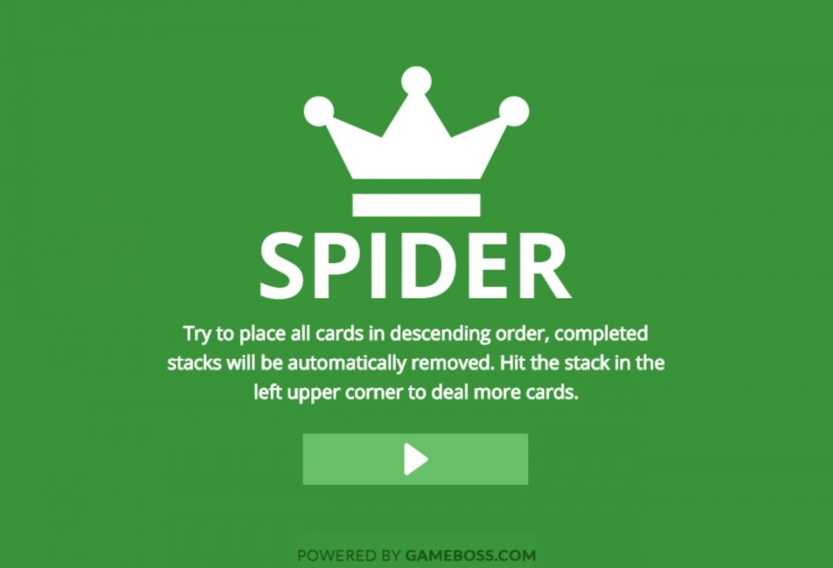 Pantalla inicial y botón de Play del Solitario Spider Online