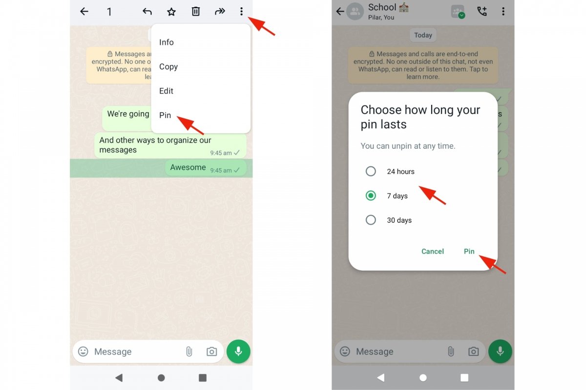 How long do pinned messages last in WhatsApp
