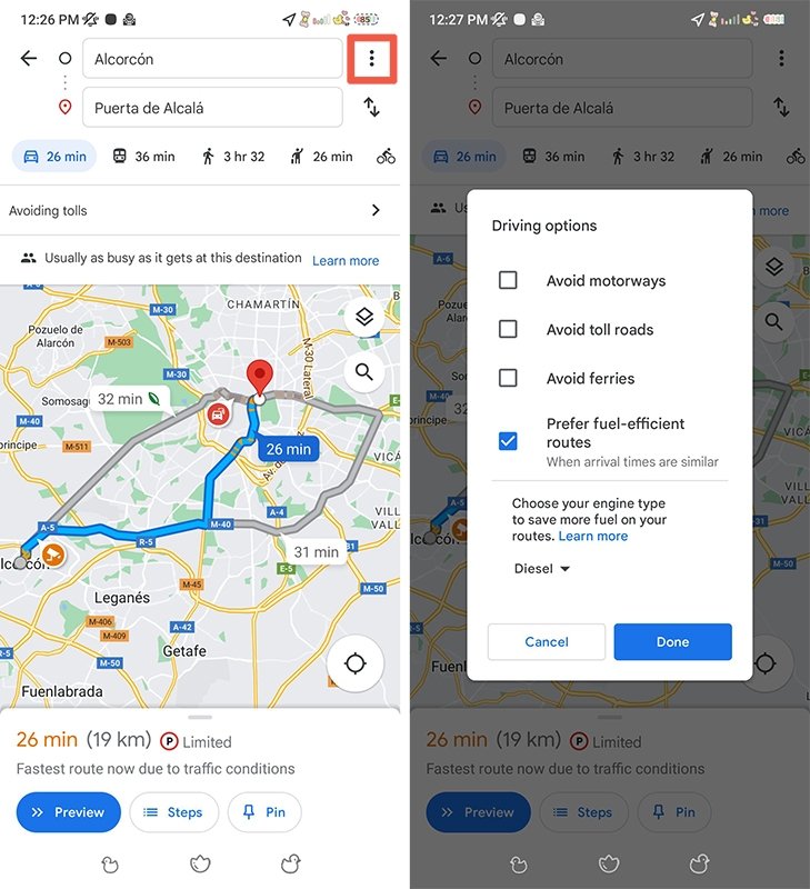 How to activate Google Maps' eco-friendly routes from the navigation map