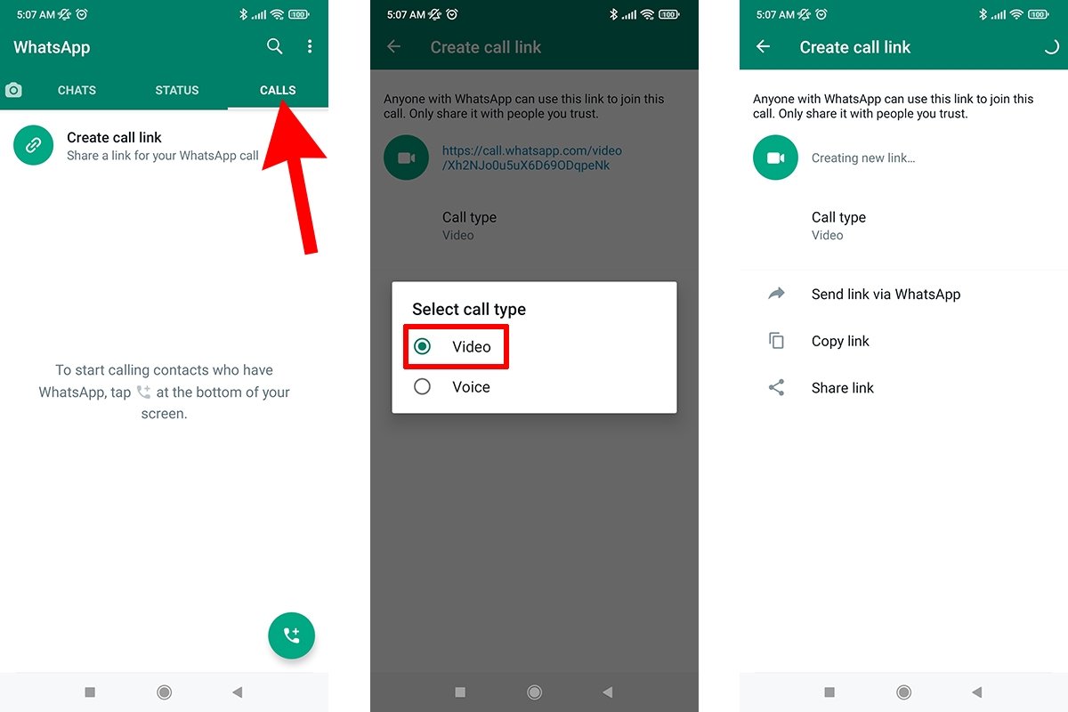 How to create a video call link from the Calls section in WhatsApp
