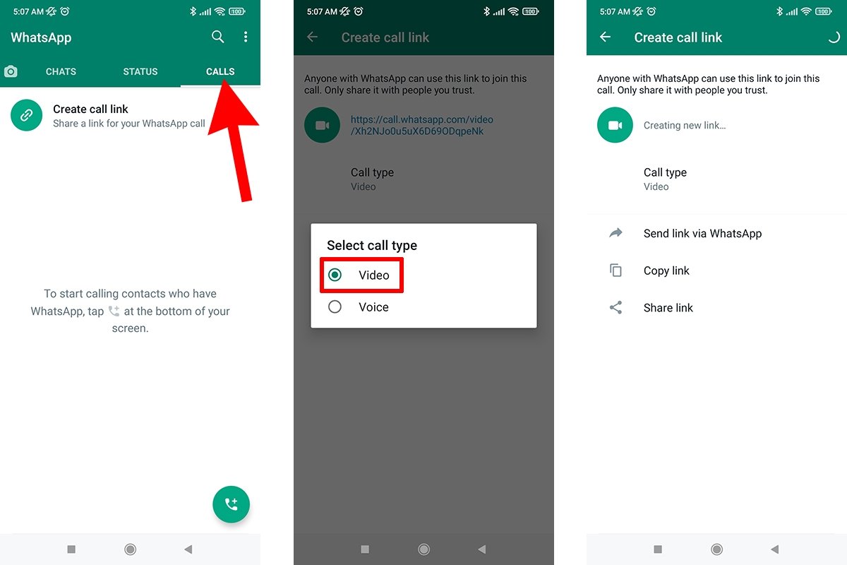 Cómo crear un enlace de videollamada en la sección de Llamadas de WhatsApp