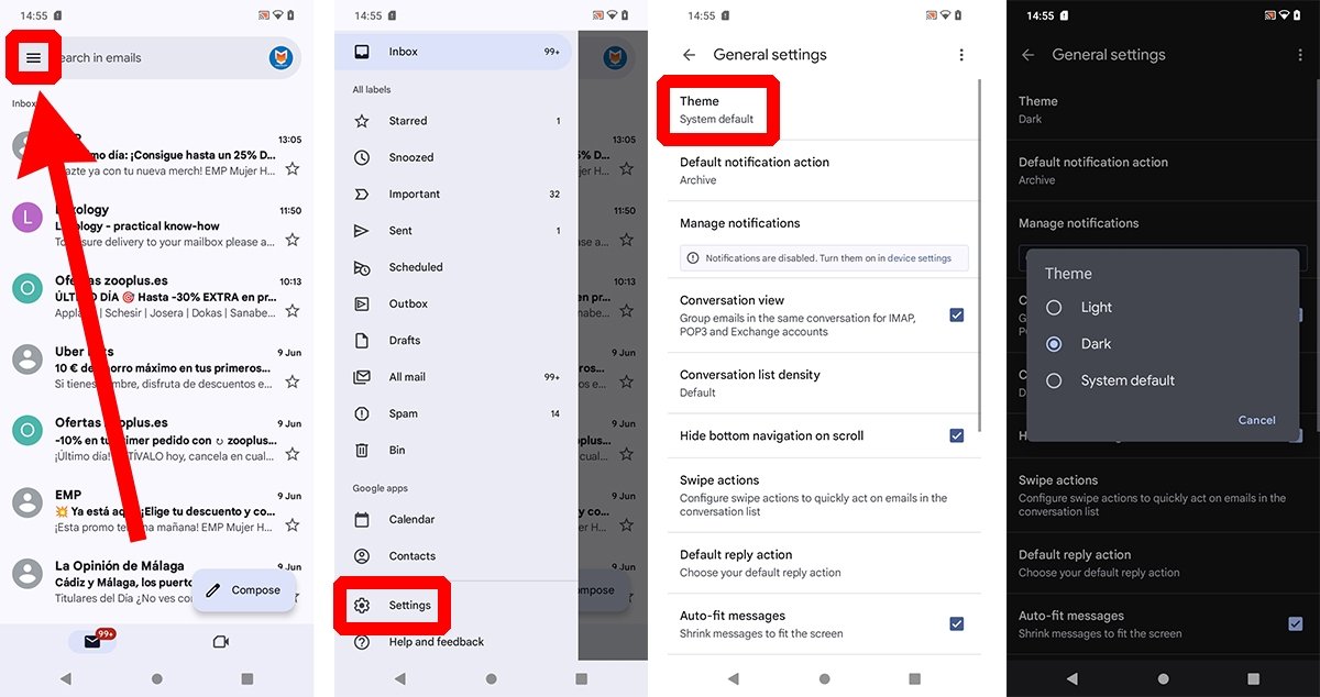 How to enable dark mode from the Gmail app