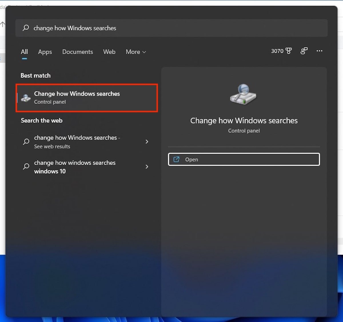 Option identique dans la recherche de Windows 11