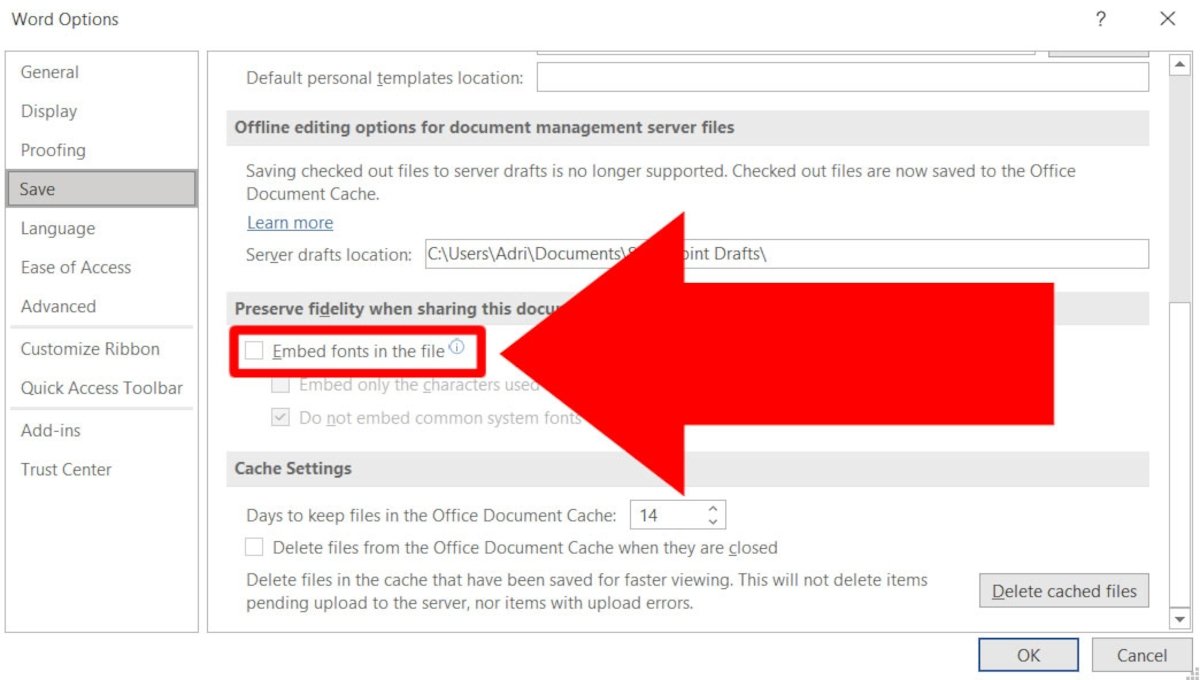 In Preserve fidelity when share this document deseleziona Embed fonts in the file