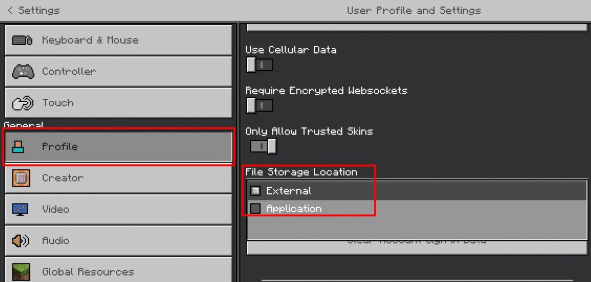 En Profile la ubicación de los archivos debe estar seleccionada como externa