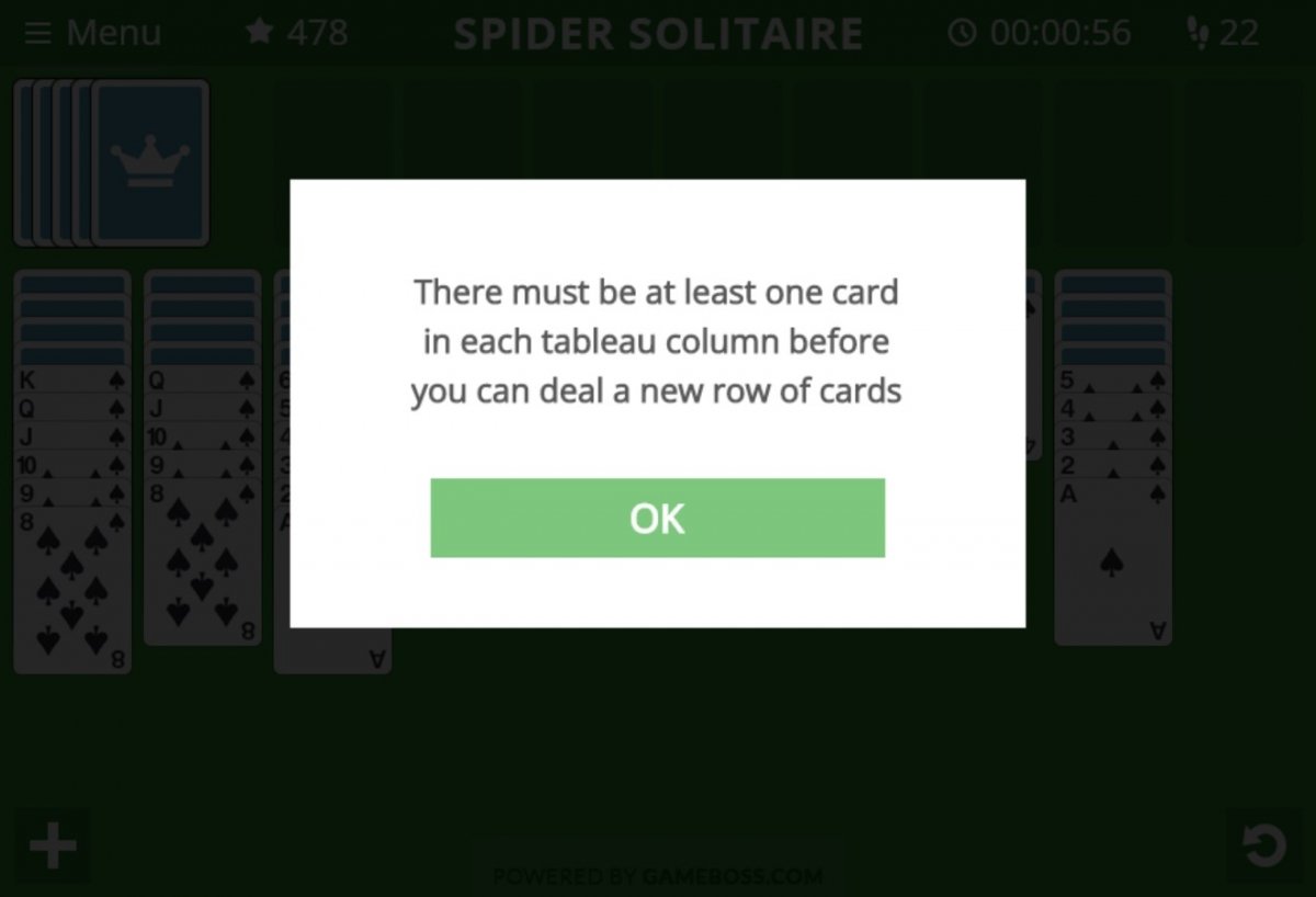 En Solitario Spider Online no se puede repartir más cartas si hay columnas vacias