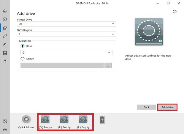 In the Add Drives section, confirm your choice pressing the button