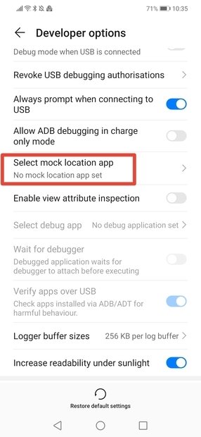 In the developer menu, access Select mock location