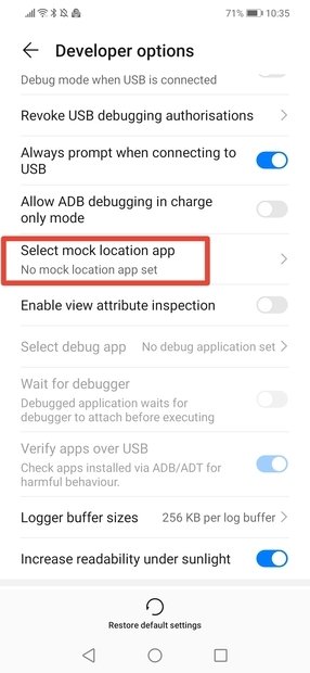 Nel menu Sviluppatore, accedi a Select mock location