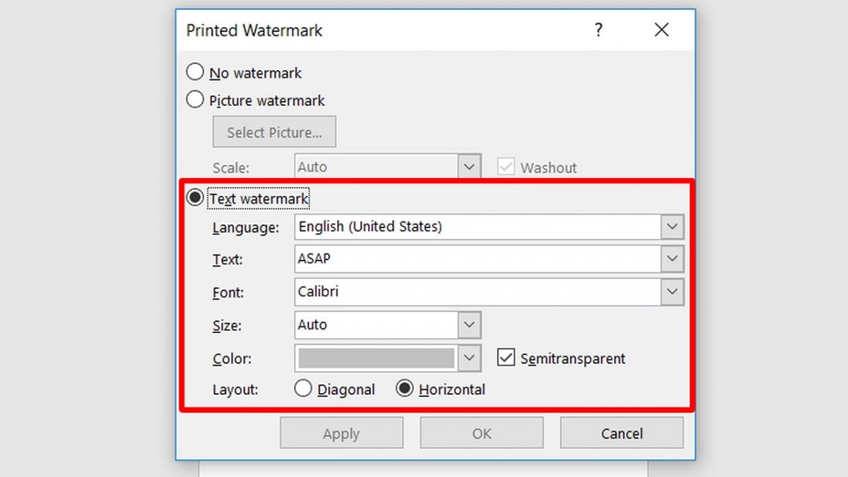 En la nueva ventana puedes configurar el texto de la marca de agua a tu gusto