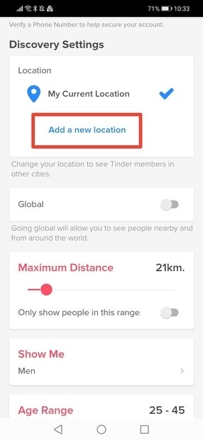 In Tinder’s Settings menu, select Add new Location