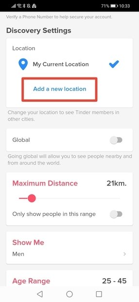 Tinder の設定メニューでAdd new Locationを選択する