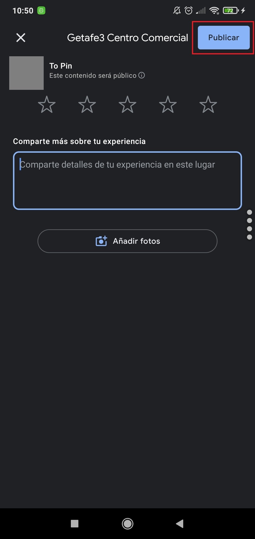 Incluimos la reseña y pulsamos en publicar