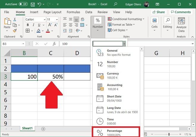 Indicate that a cell is a percentage