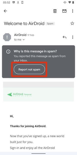 Indicar que un correo no es spam