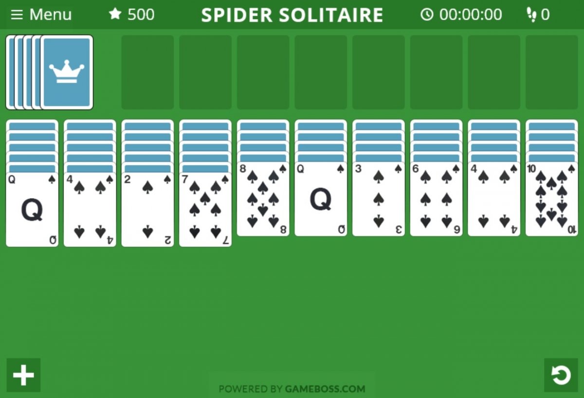 Disposición inicial de las cartas en una partida de Solitario Spider Online