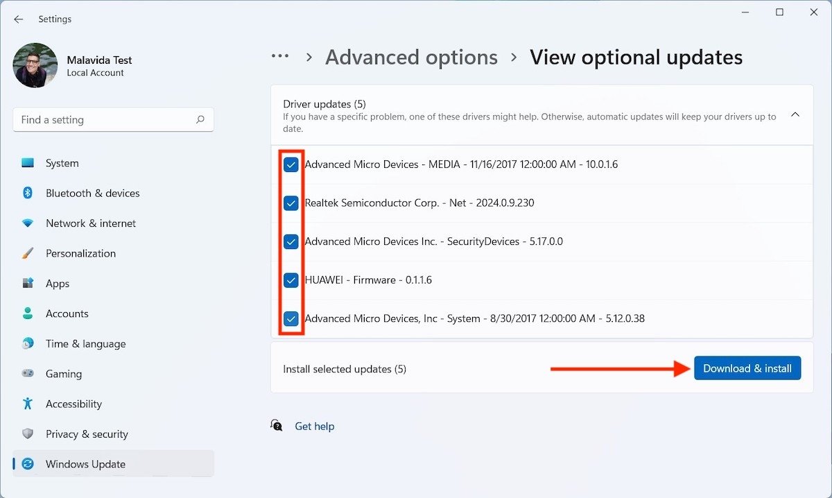 Installare aggiornamenti di driver