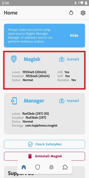 Install root from Magisk Manager