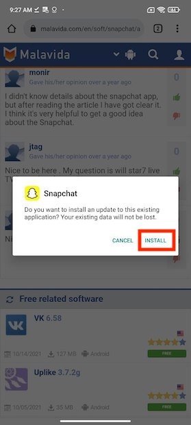 Instalar la actualización de Snapchat