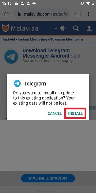 Installer l’APK de Telegram récemment téléchargé