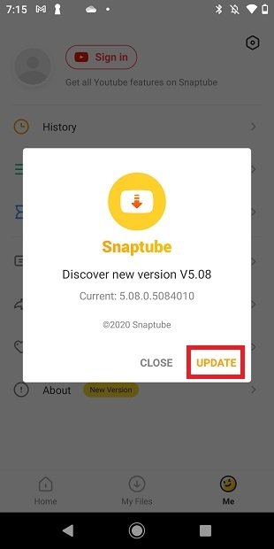 Instalar actualización desde SnapTube