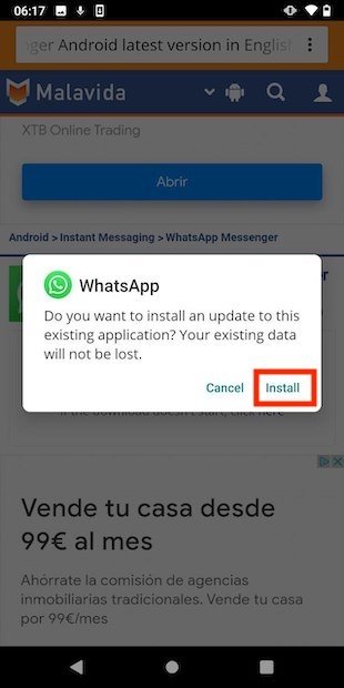 Instalar actualización de WhatsApp