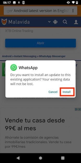 Installa aggiornamento di WhatsApp