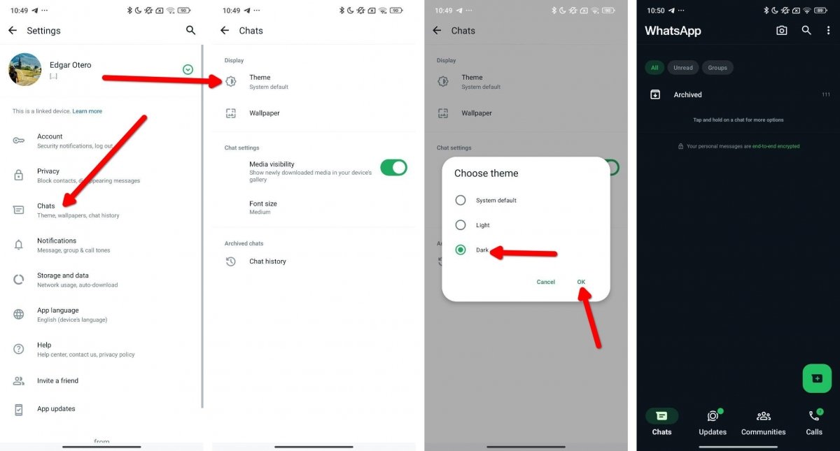 Instructions to enable the dark mode in WhatsApp