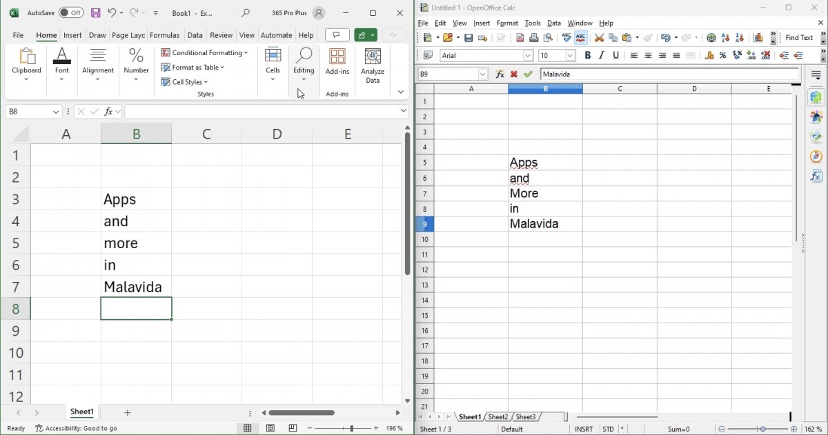 Interfaces Microsoft Excel e OpenOffice Calc, nessa ordem