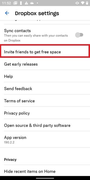 Convidar amigos para ganhar espaço gratuito