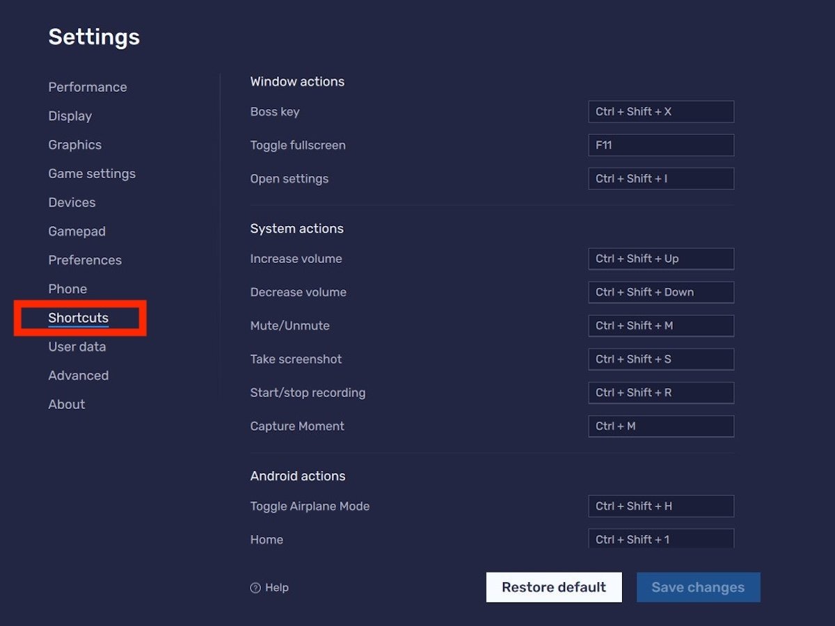 Keyboard shortcut settings