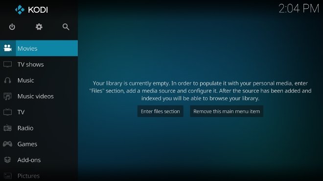 Kodi installed and open on an Android TV