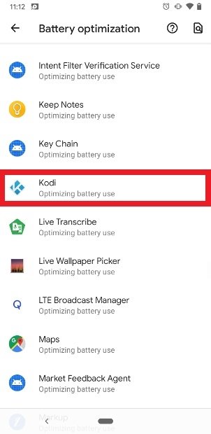 Kodi nell’elenco delle app per l’ottimizzazione della batteria