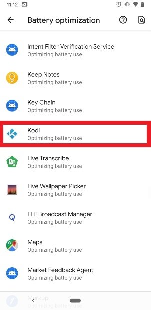 バッテリー最適化アプリリスト内のKodi