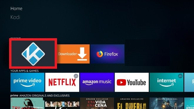 Icono de Kodi visible entre las apps de Amazon Fire TV
