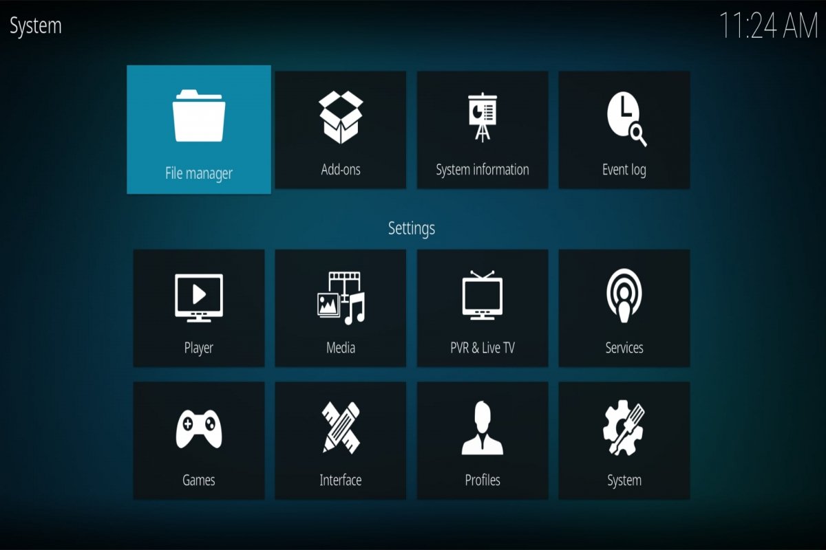 Menu de configurações do Kodi